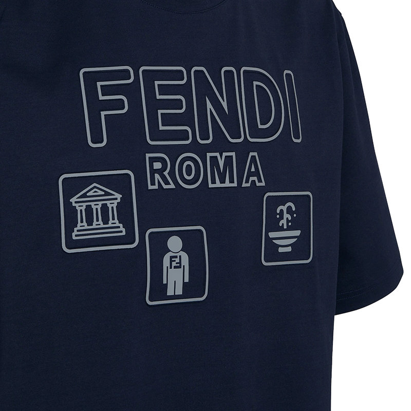 【预售3-7天】FENDI/芬迪 22年早春新款 男士深蓝色纯棉对比色Logo Icon图案短袖T恤FY1129AIFVF0QG3商品第3张图片规格展示