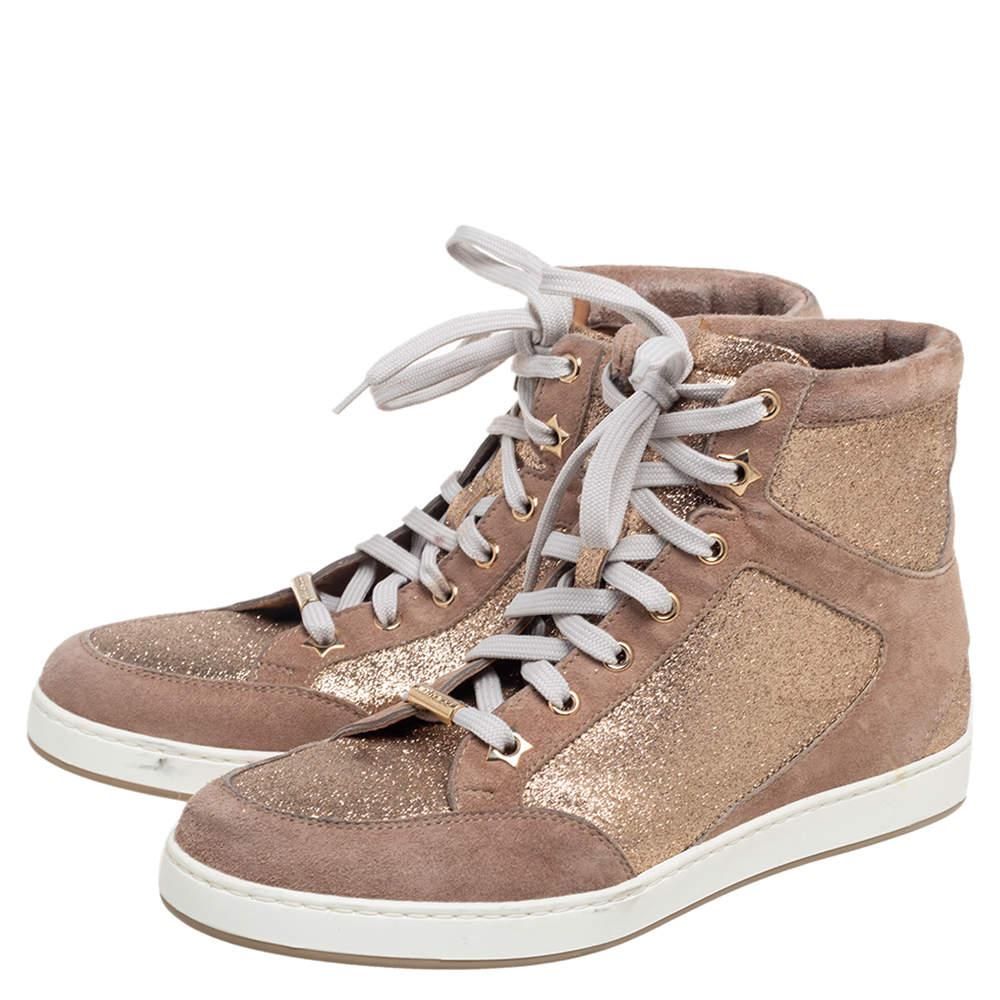 Jimmy Choo Rose Gold Suede And Glitter Tokyo High Top Sneakers Size 36.5商品第4张图片规格展示