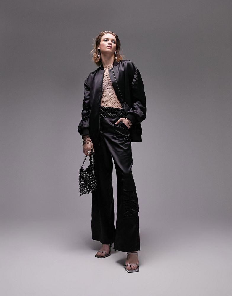 Topshop Tailored satin utility trouser in black商品第1张图片规格展示