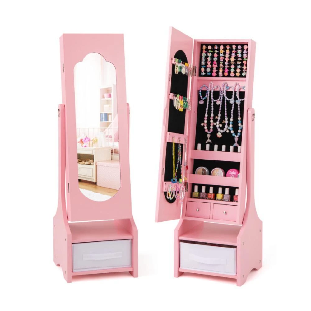 商品Hivvago|Freestanding Kids Jewelry Armoire Cabinet with Storage and 2 Tilt Angles-Pink,价格¥897,第1张图片