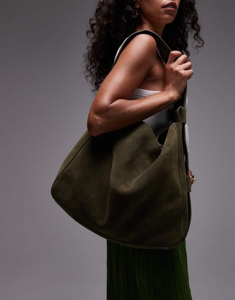 Topshop Suri real suede leather shoulder bag in khaki – On  display picture 1