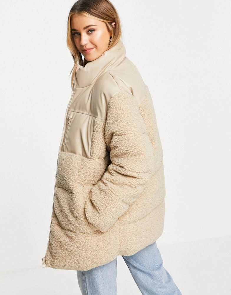 商品ASOS|ASOS DESIGN faux leather patched fleece puffer jacket in stone,价格¥389,第3张图片详细描述