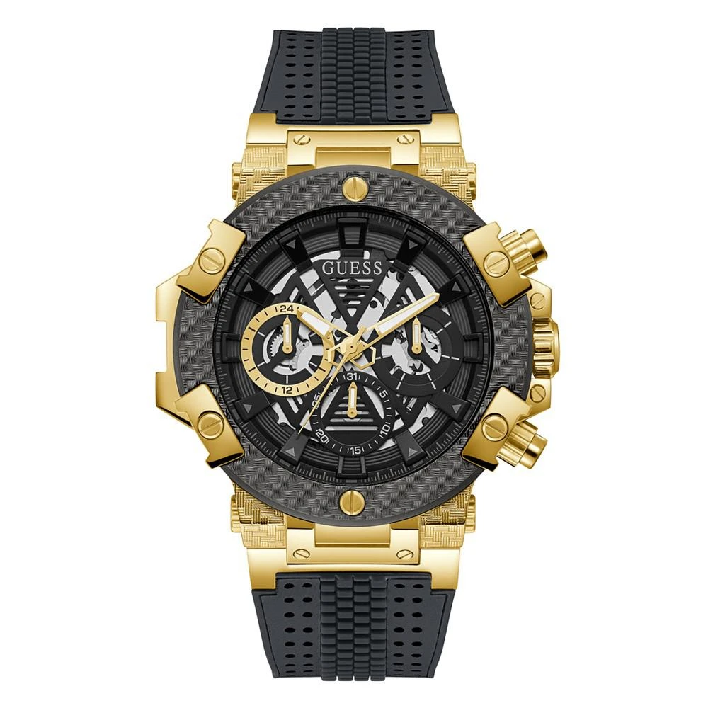 商品GUESS|Men's Gold-Tone Gray Genuine Leather, Silicone Strap, Multi-Function Watch, 46mm,价格¥805,第1张图片