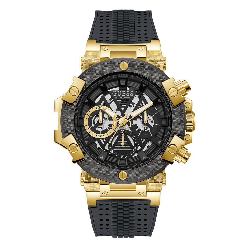 商品GUESS|Men's Gold-Tone Gray Genuine Leather, Silicone Strap, Multi-Function Watch, 46mm,价格¥1587,第1张图片