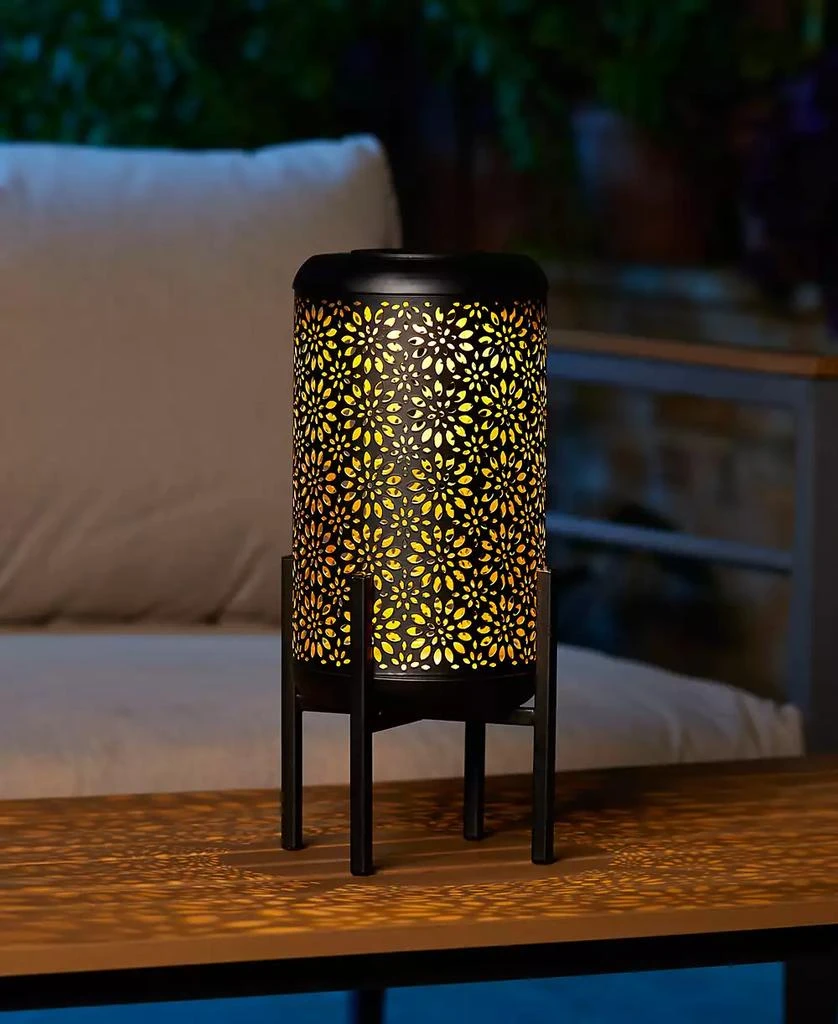 14.25" H Black and Gold-Tone Metal Cutout Flower Pattern Solar Powered LED Outdoor Lantern with Stand 商品