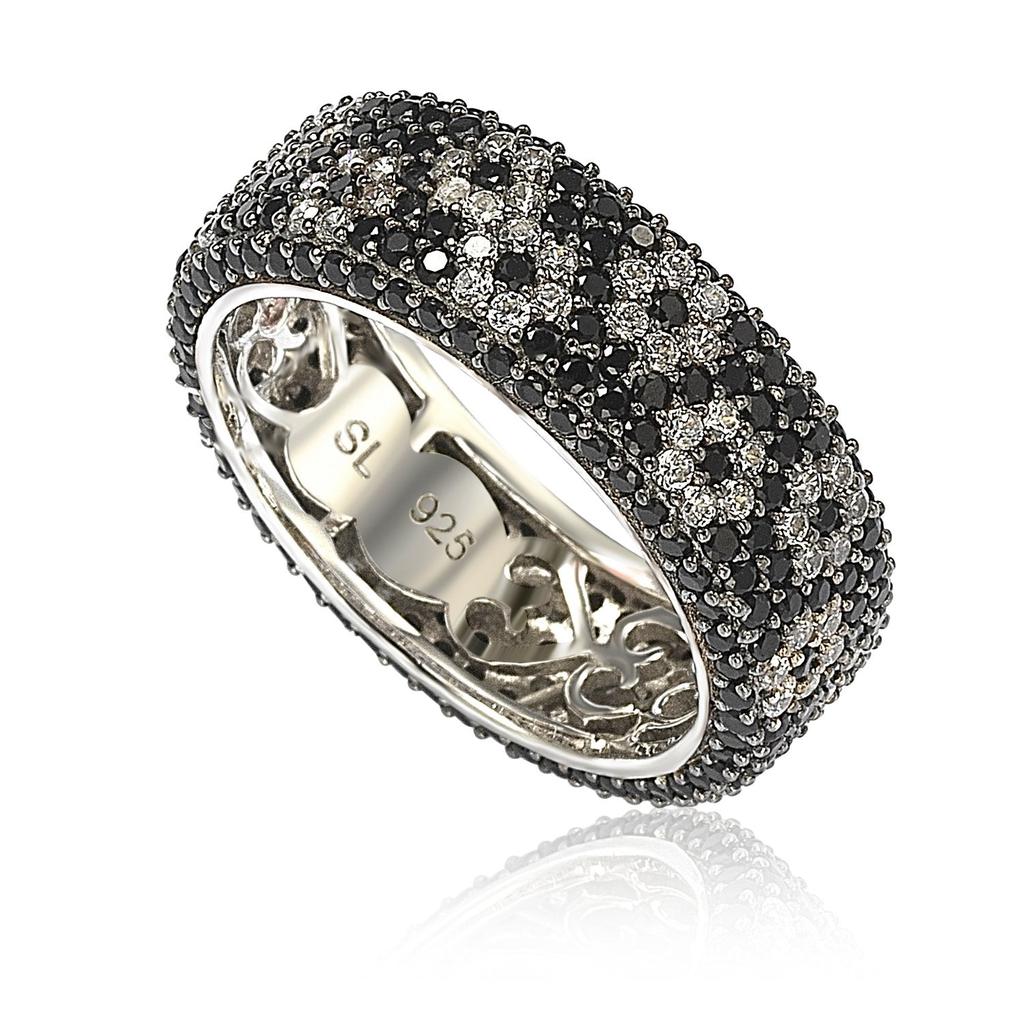 Suzy Levian Sterling Silver Cubic Zirconia White & Black Pave Flower Eternity Band Ring商品第1张图片规格展示