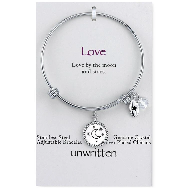 商品Unwritten|Crystal Accented Moon Charm Adjustable Bangle Bracelet in Stainless Steel,价格¥104,第3张图片详细描述