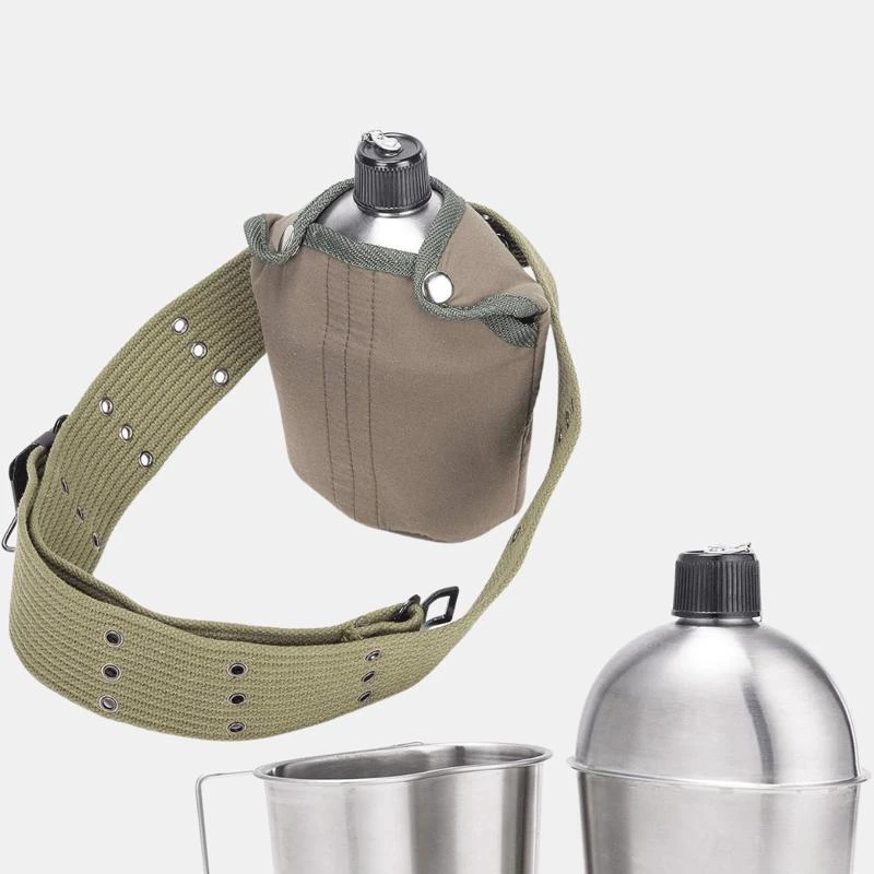 商品Vigor|High Quality Stainless Steel Canteen Military With Cup And Green Nylon Cover Waist Belt For Camping Hiking Climbing Bulk 3 Sets 3 PACK,价格¥427,第1张图片