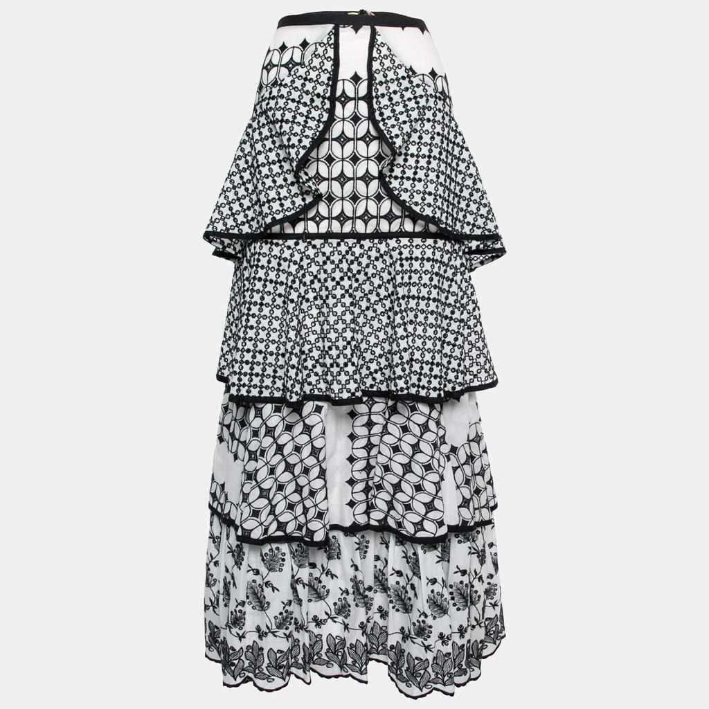 Just Cavalli Monochrome Embroidered Eyelet Cotton Tiered Maxi Skirt M商品第1张图片规格展示