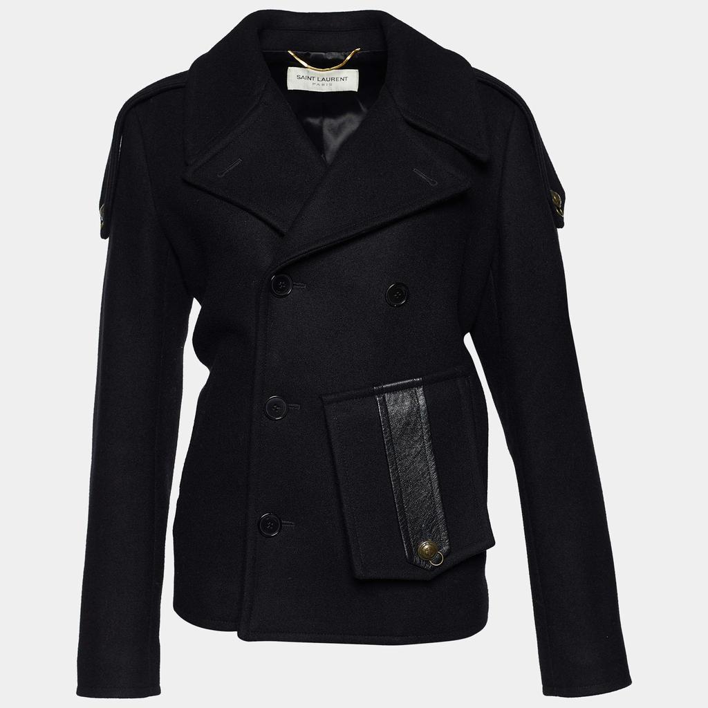 商品[二手商品] Yves Saint Laurent|Saint Laurent Black Wool Leather Trimmed Flap Pocket Detailed Jacket M,价格¥5041,第1张图片