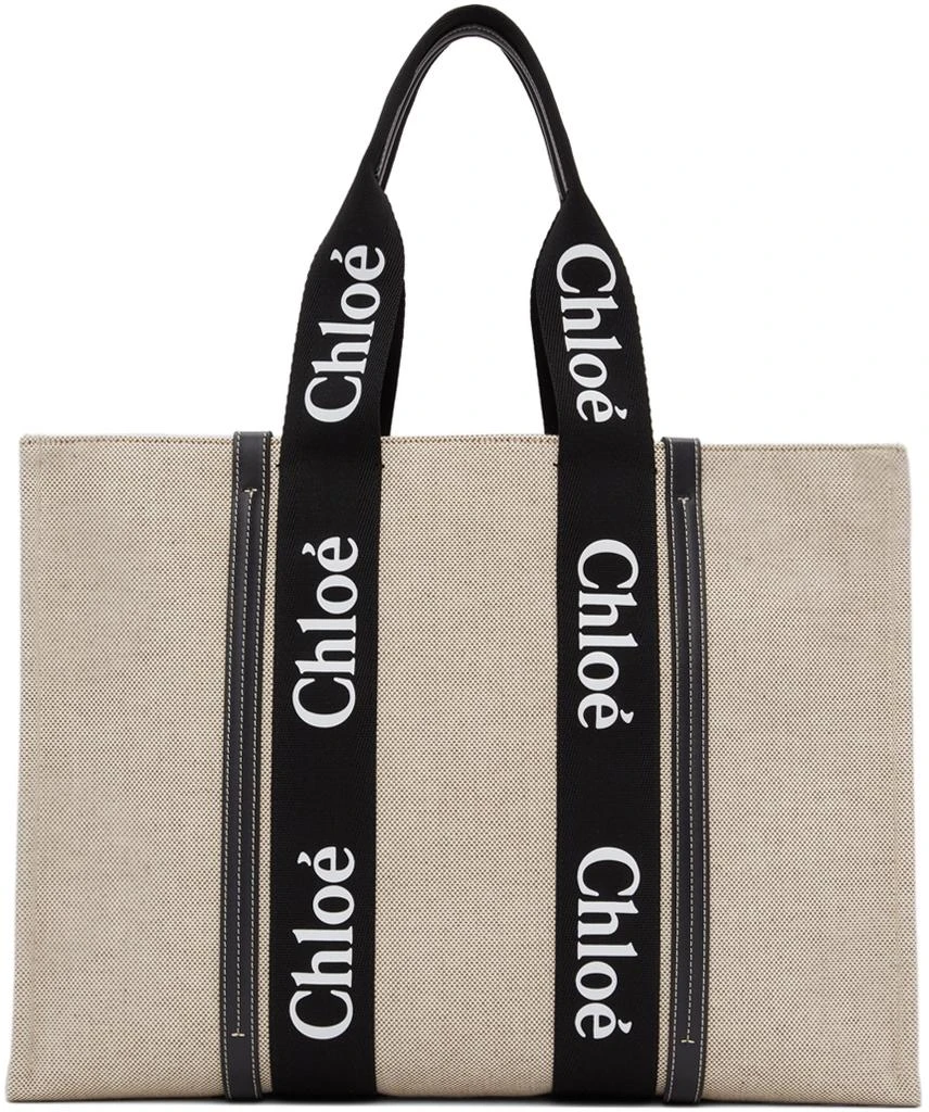 商品Chloé|Off-White & Black Large Woody Tote Bag,价格¥8626,第1张图片