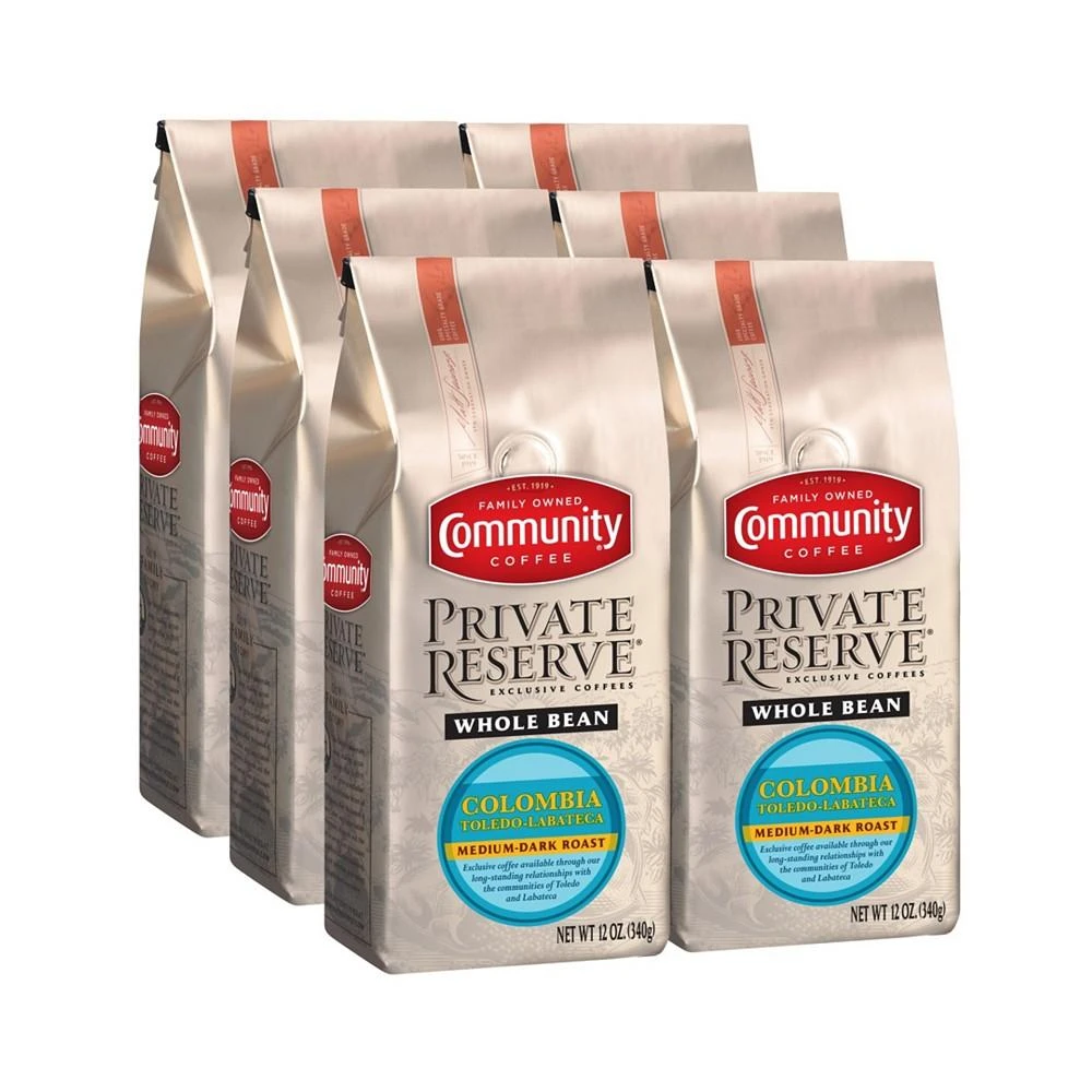 商品Community Coffee|Private Reserve Colombia Toledo-Labateca Medium-Dark Roast Specialty-Grade Whole Bean Coffee, 12 Oz - 6 Pack,价格¥648,第1张图片