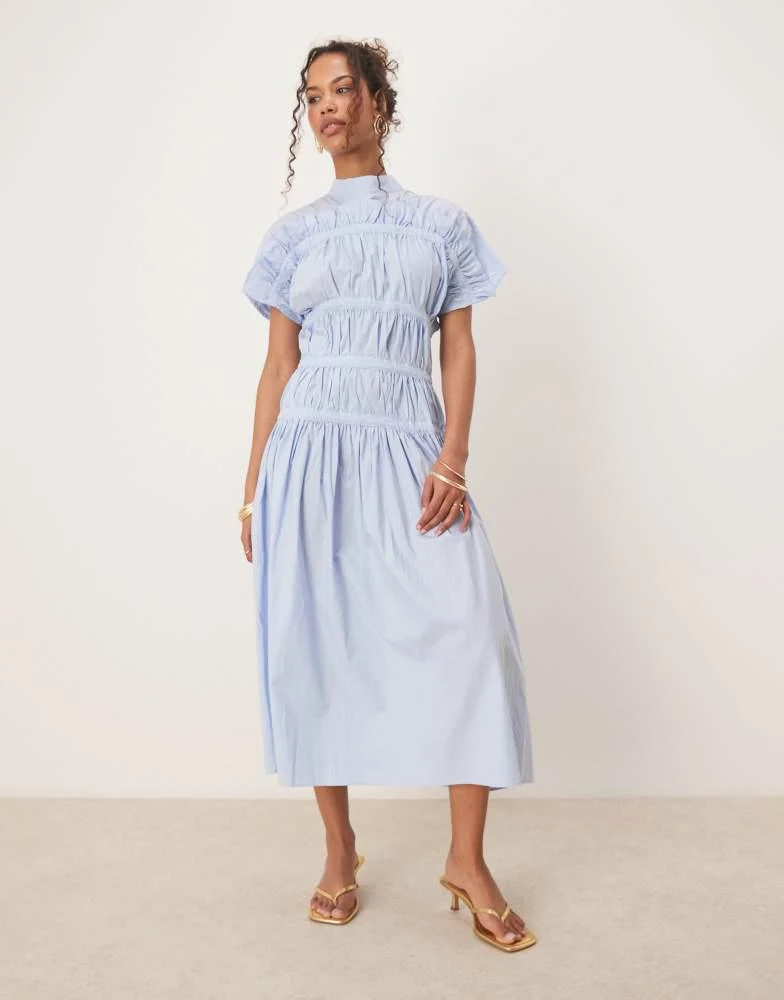 商品Ghospell|Ghospell high neck ruched midi dress in blue,价格¥920,第1张图片