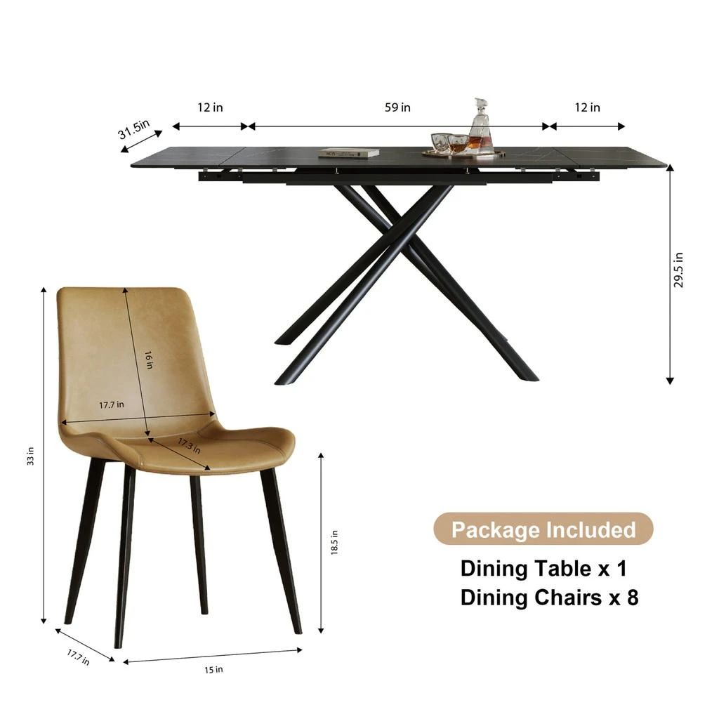 商品Streamdale Furniture|Streamdale Retractable Sintered Stone Dining Table Set (Table + 8 Chairs),价格¥9411,第5张图片详细描述