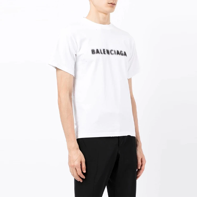 商品[国内直发] Balenciaga|巴黎世家 FW21 Blurry Logo破洞复古平纹经典短袖T恤 男女同款 白色,价格¥2653,第5张图片详细描述