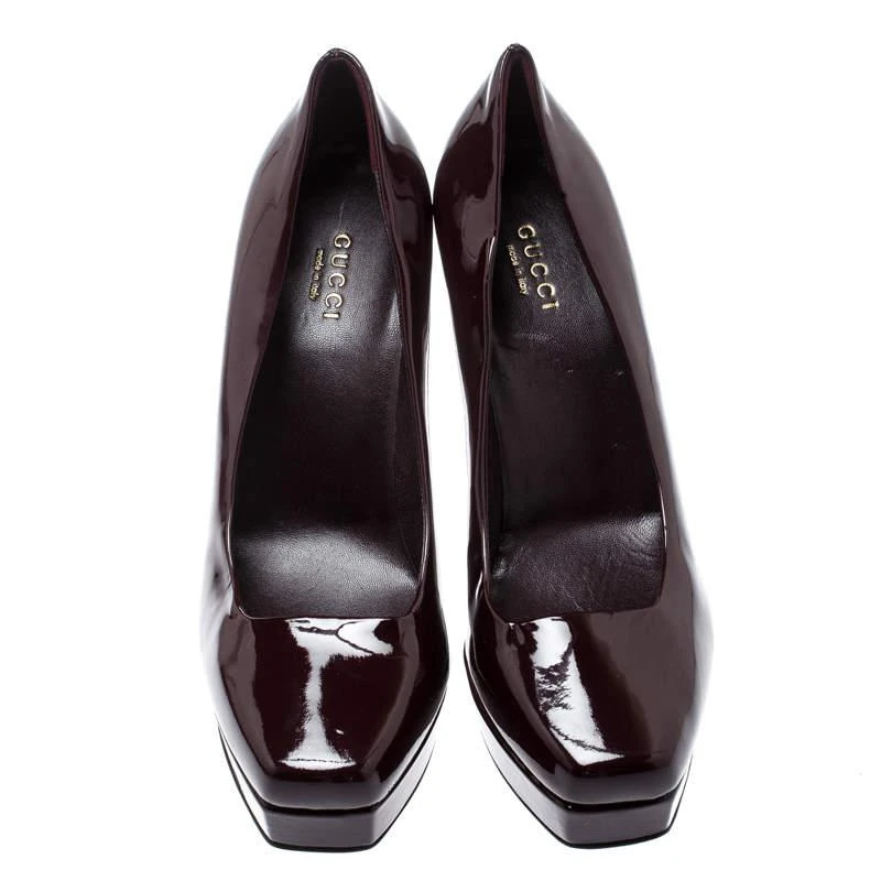 商品[二手商品] Gucci|Gucci Burgundy Patent Leather Tile Square Toe Platform Pumps Size 36,价格¥930,第3张图片详细描述