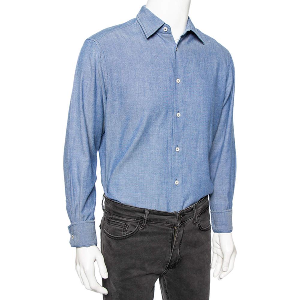 Prada Blue Cotton Button Front Shirt M商品第2张图片规格展示
