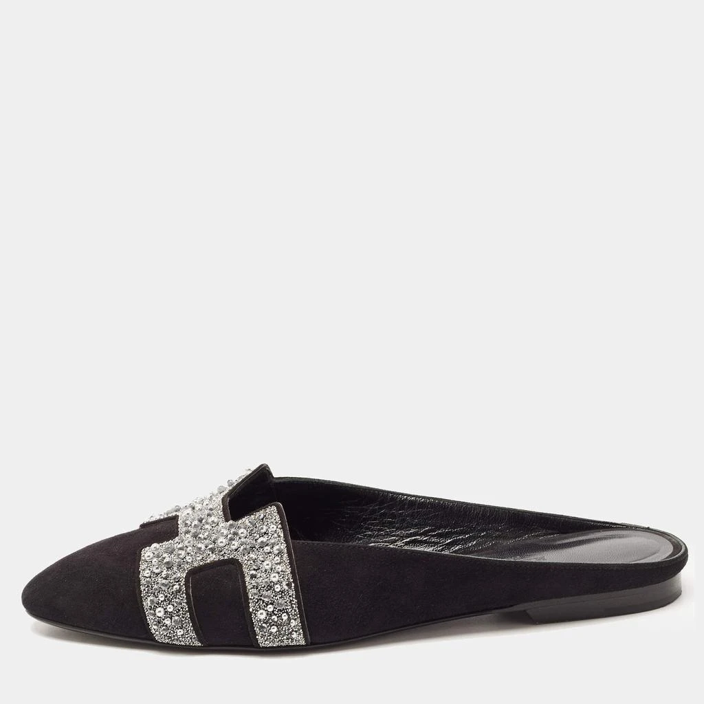 商品[二手商品] Hermes|Hermes Black/Silver Suede and Beads Roxane Flat Mules Size 37,价格¥4409,第1张图片