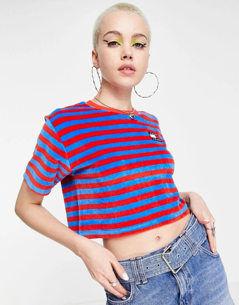 商品Tommy Jeans|Tommy Jeans velour stripe t-shirt in multi,价格¥302,第3张图片详细描述