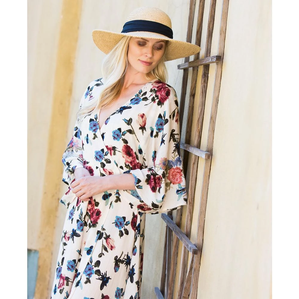 Women's Wide Brim Round Raffia Hat with Linen Bow 商品