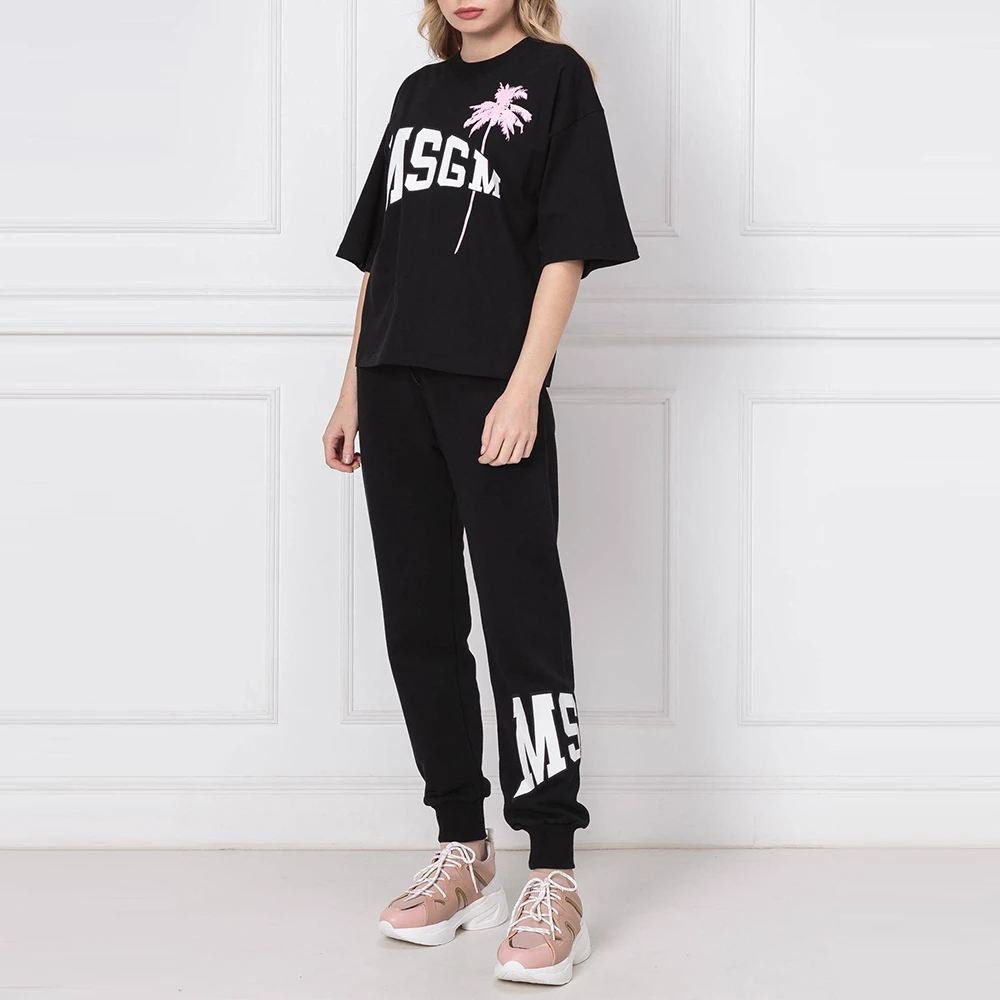 MSGM 女士黑色棉质字母LOGO粉色图案印花圆领短袖T恤 MDM164-298-99 商品