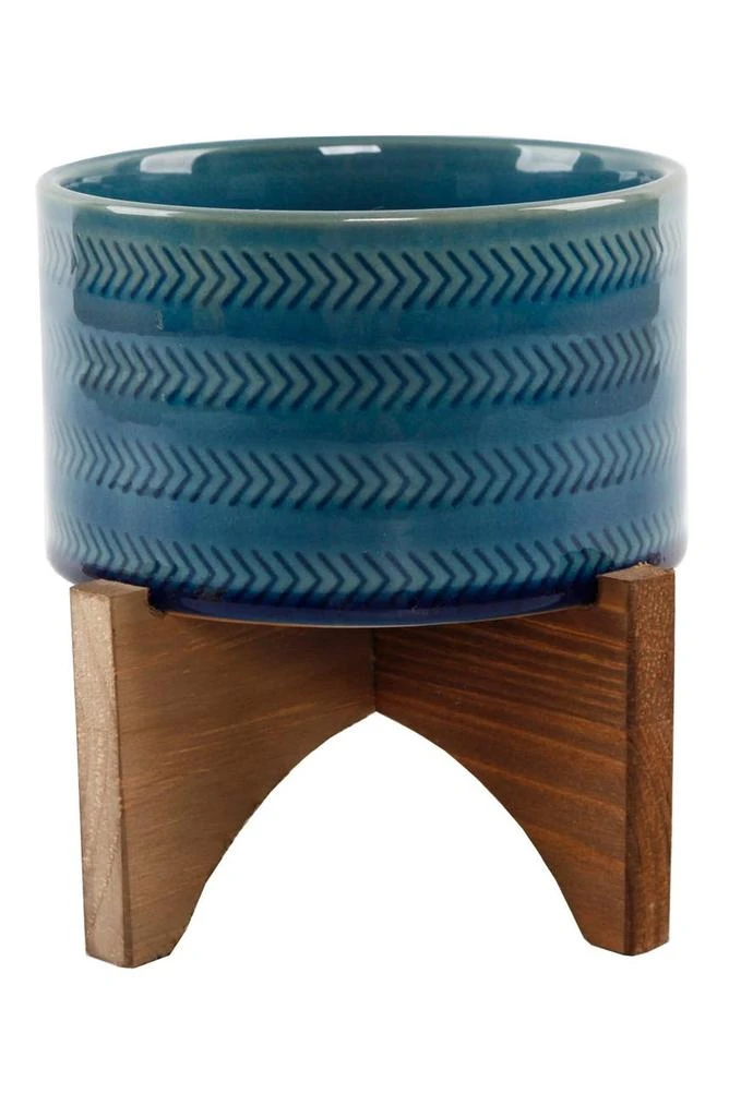 商品FLORA BUNDA|Teal 5" Arrow Ceramic Planter On Wood Stand,价格¥169,第1张图片