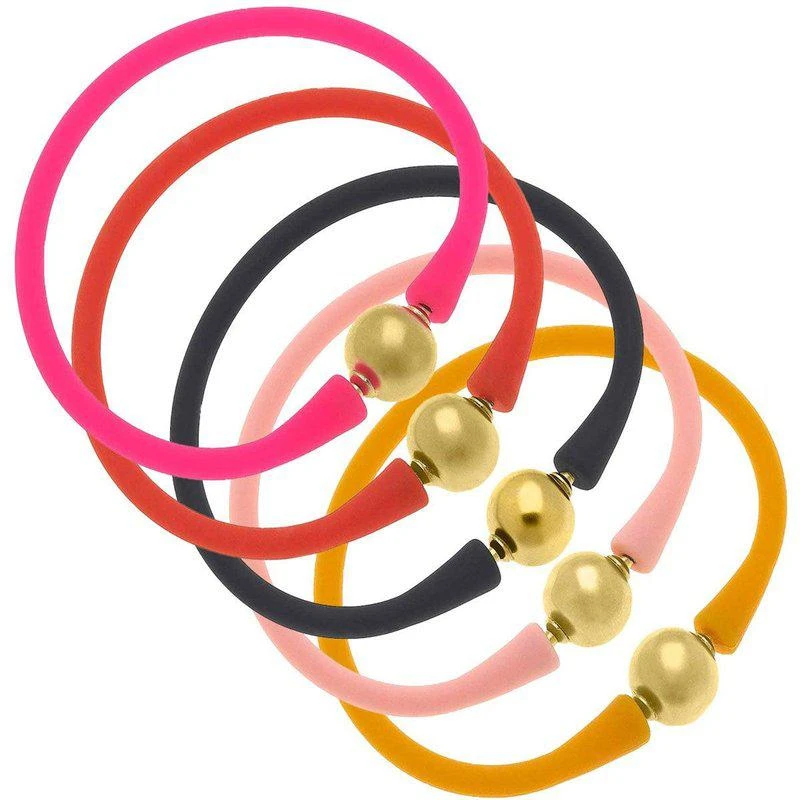 商品Canvas Style|Bali 24K Gold Silicone Bracelet Stack Of 5 In Neon Pink, Orange, Black, Light Pink & Cantaloupe,价格¥952,第1张图片