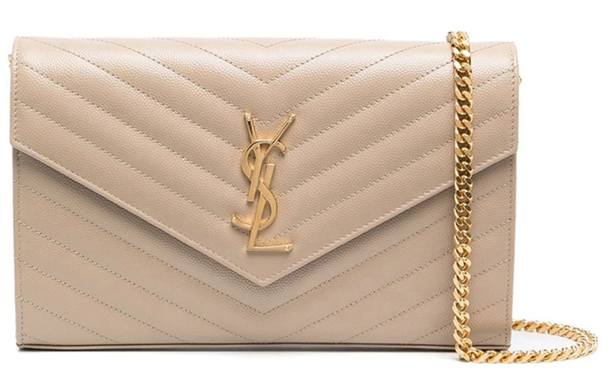 商品[国内直发] Yves Saint Laurent|圣罗兰 YSL Monogram金标Logo绗缝粒面压印链条 皮革 钱包单肩斜挎包 常规 女款 暗米色,价格¥10488,第1张图片