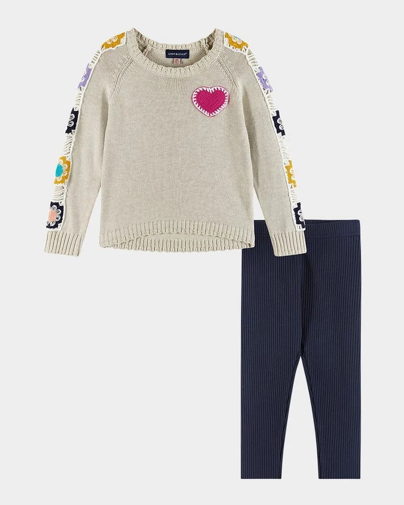 商品Andy & Evan|Girl's Sweater W/ Crochet Patches & Jeggings Set, Size 2T-6X,价格¥364,第1张图片