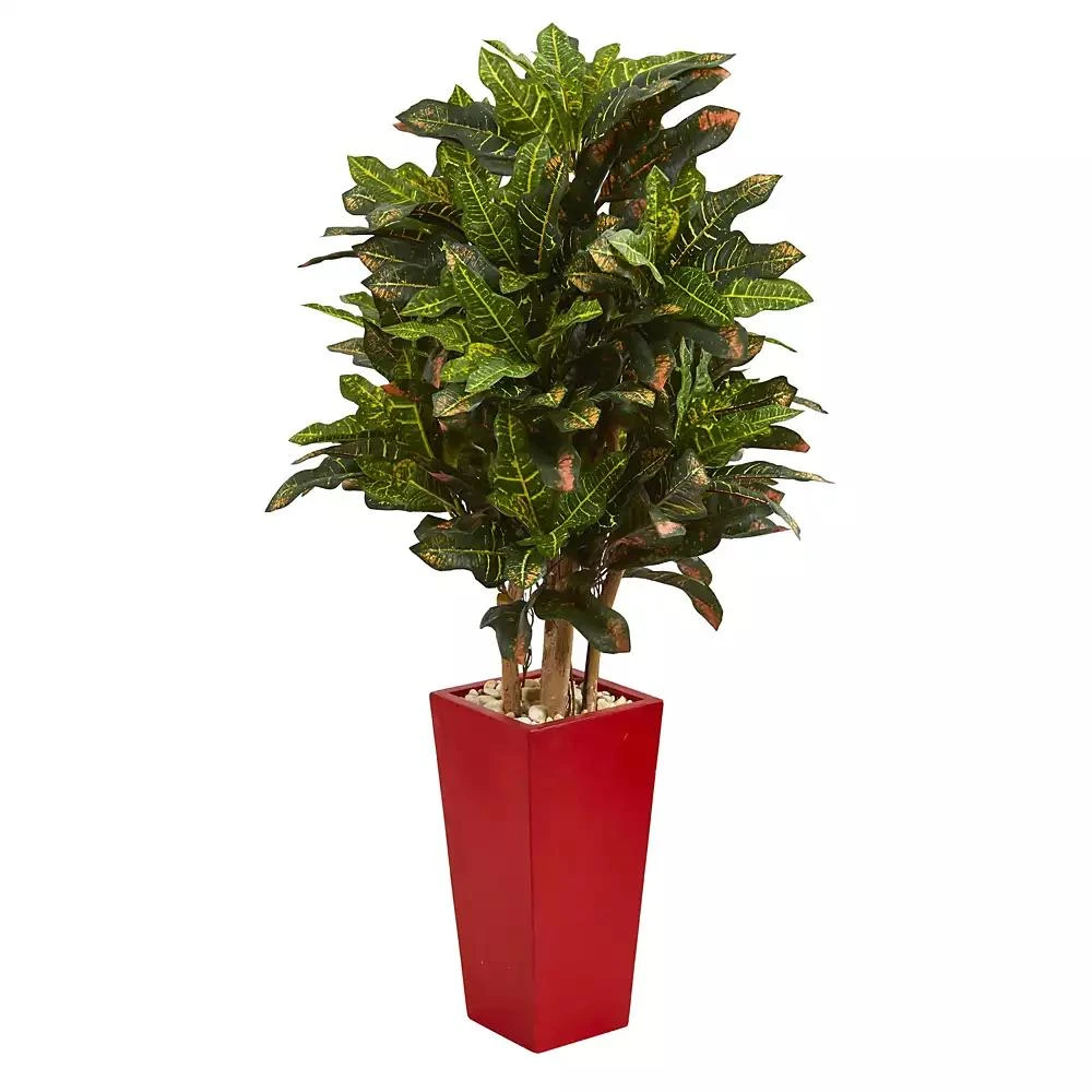 商品NEARLY NATURAL|4' Croton Artificial Plant in Red Planter,价格¥1881,第1张图片