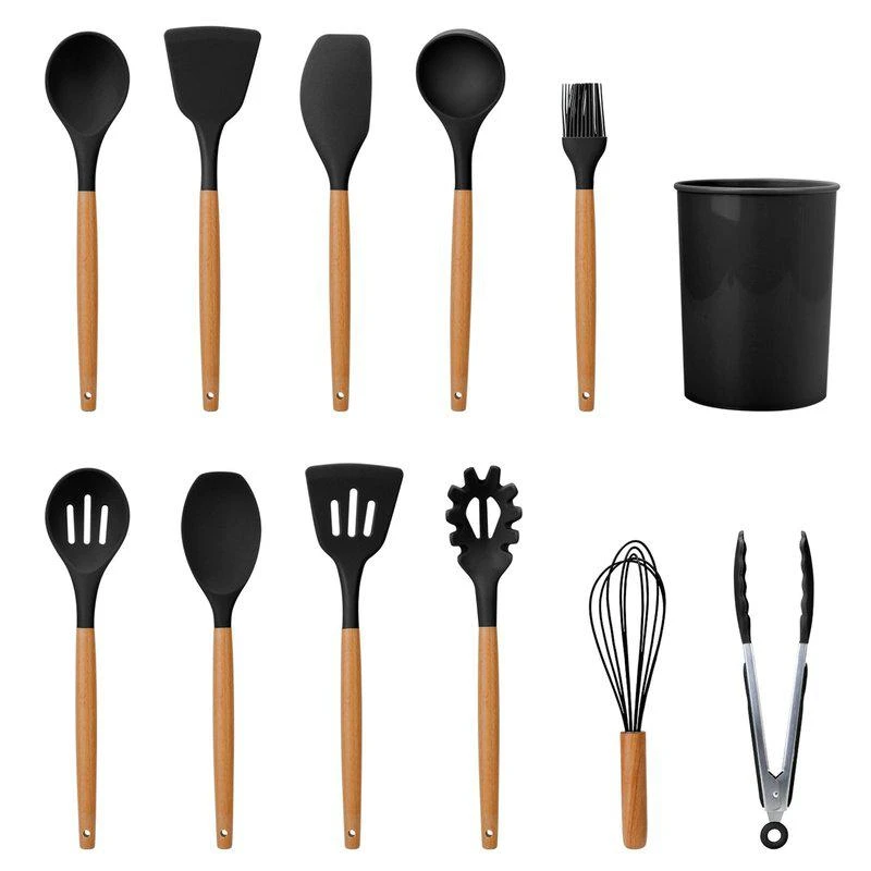 商品Fresh Fab Finds|11-Piece Silicone Cooking Utensil Set With Heat-Resistant Wooden Handle Spatula, Turner, Ladle, Spaghetti Server, Tongs, Spoon, Egg Whisk, And more,价格¥363,第1张图片