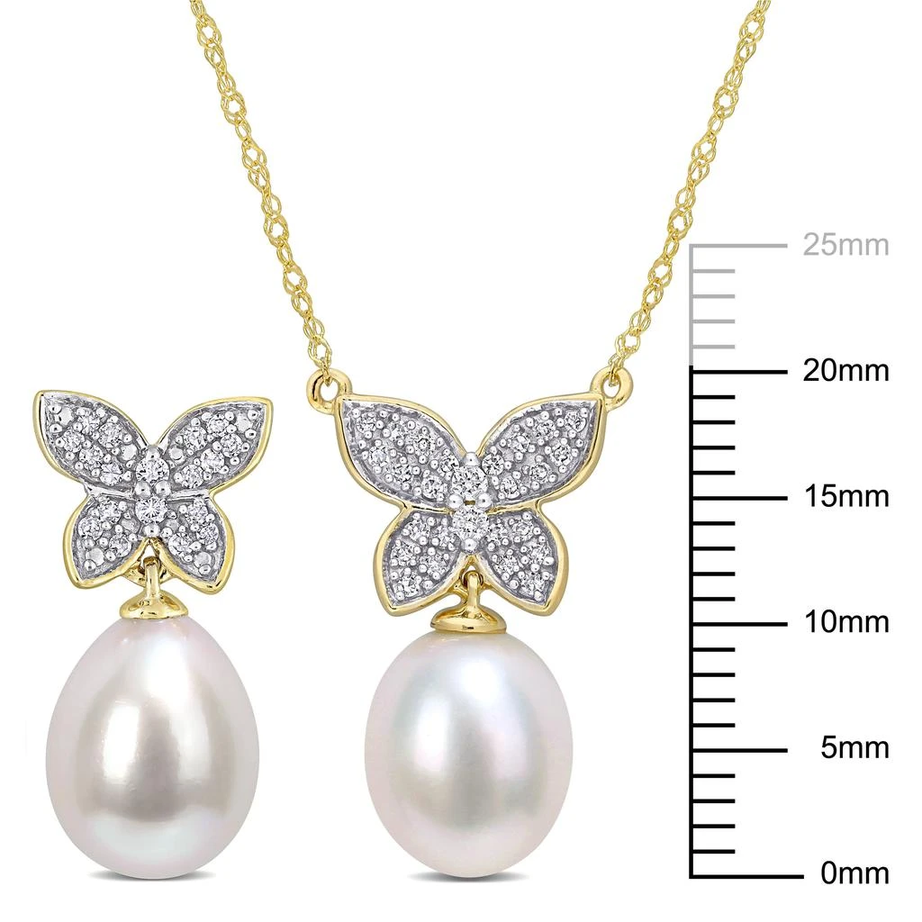 商品Mimi & Max|1/4ct TDW Diamond with 8.5-10mm White Cultured Freshwater Pearl Drop Butterfly Earrings and Pendant Set in 10k Yellow Gold,价格¥3454,第2张图片详细描述