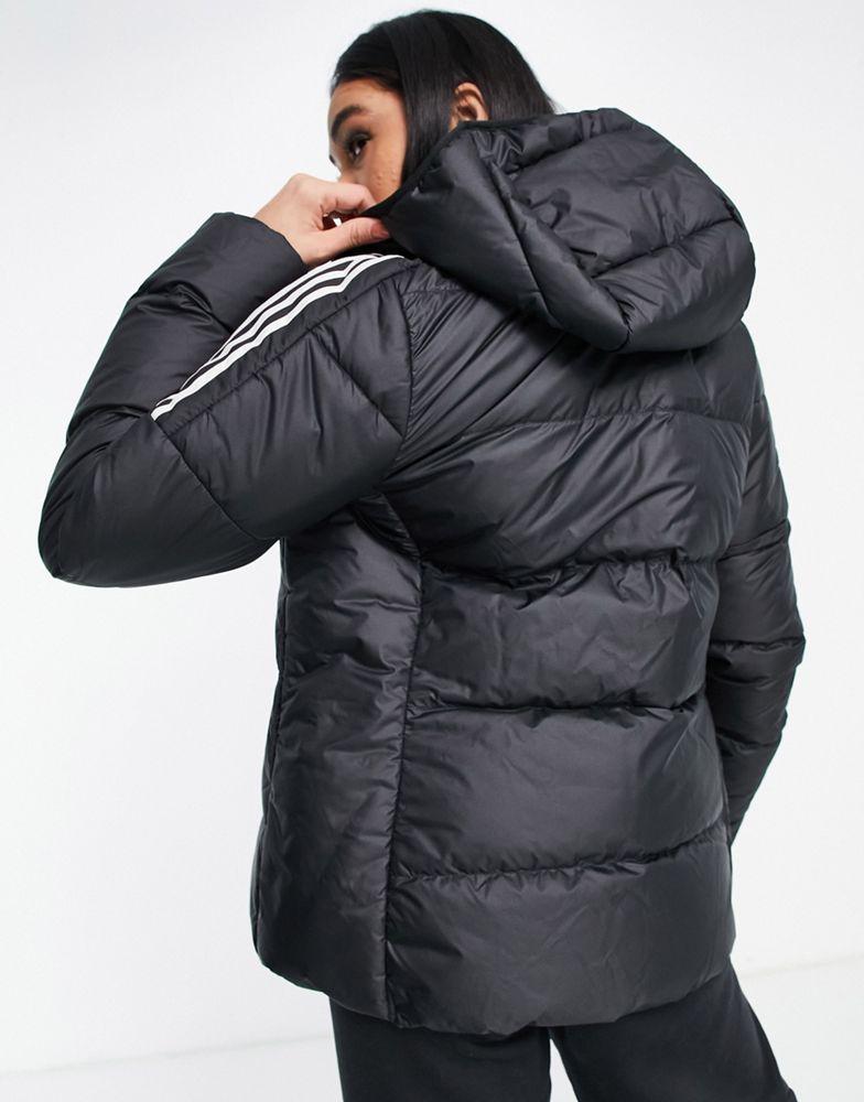 adidas Outdoor down hooded puffer jacket with three stripes in black商品第2张图片规格展示