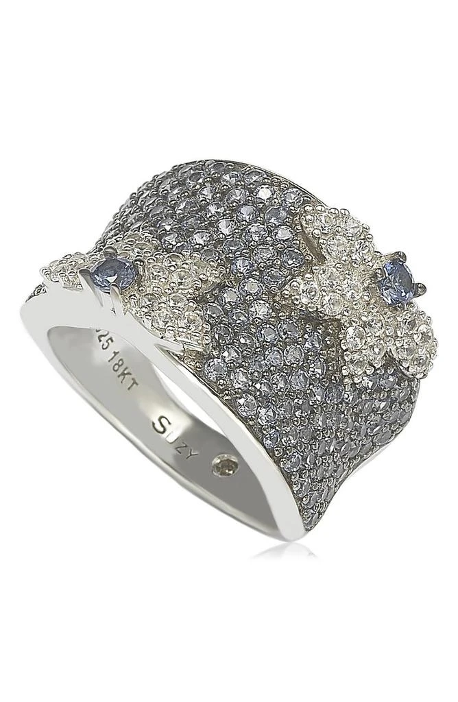 商品Suzy Levian|18K Gold & Sterling Silver Pavé Blue & Created White Sapphire Diamond Accent Floral Band Ring - 0.02 ctw,价格¥2013,第1张图片