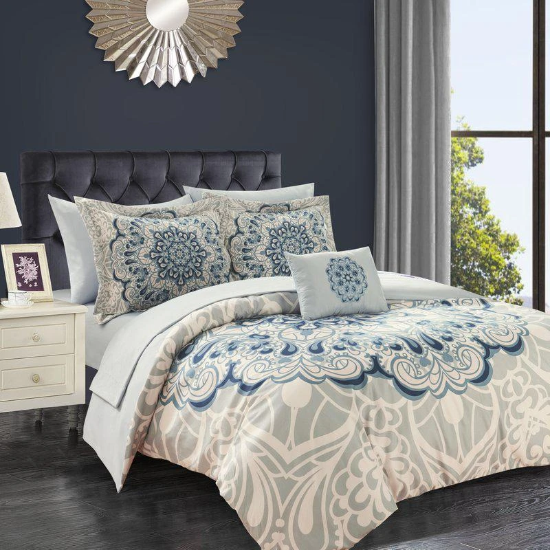 商品Chic Home Design|Amina 6 Piece Reversible Comforter Set Large Scale Boho Inspired Medallion Paisley Print Design Bed In A Bag TWIN,价格¥898,第1张图片