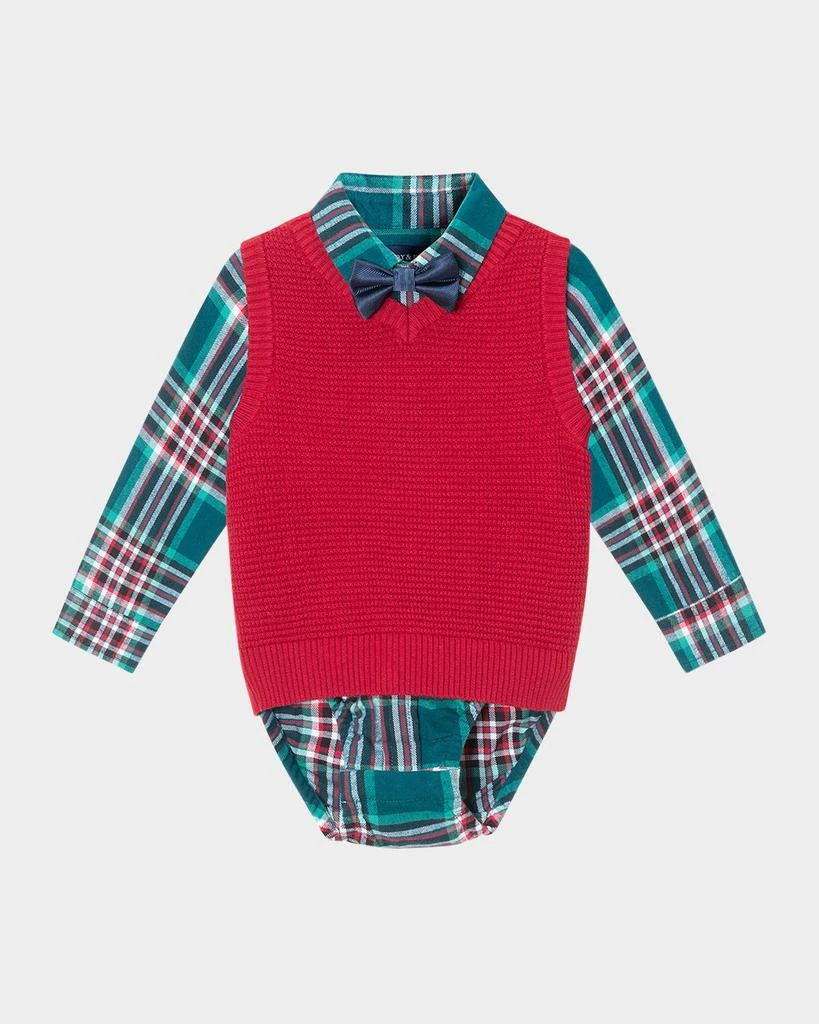 商品Andy & Evan|Boy's Plaid Button Down Bodysuit W/ Sweater Vest & Bowtie Set, Size Newborn-24M,价格¥508,第2张图片详细描述