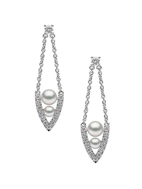 商品Yoko London|Sleek 18K White Gold, 3-5MM Akoya Pearl &amp; Diamond Chain Teardrop Earrings,价格¥12295,第1张图片