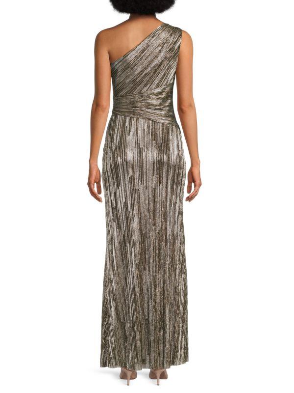 Metallic Pleated One-Shoulder Maxi Dress – On Sale Now with