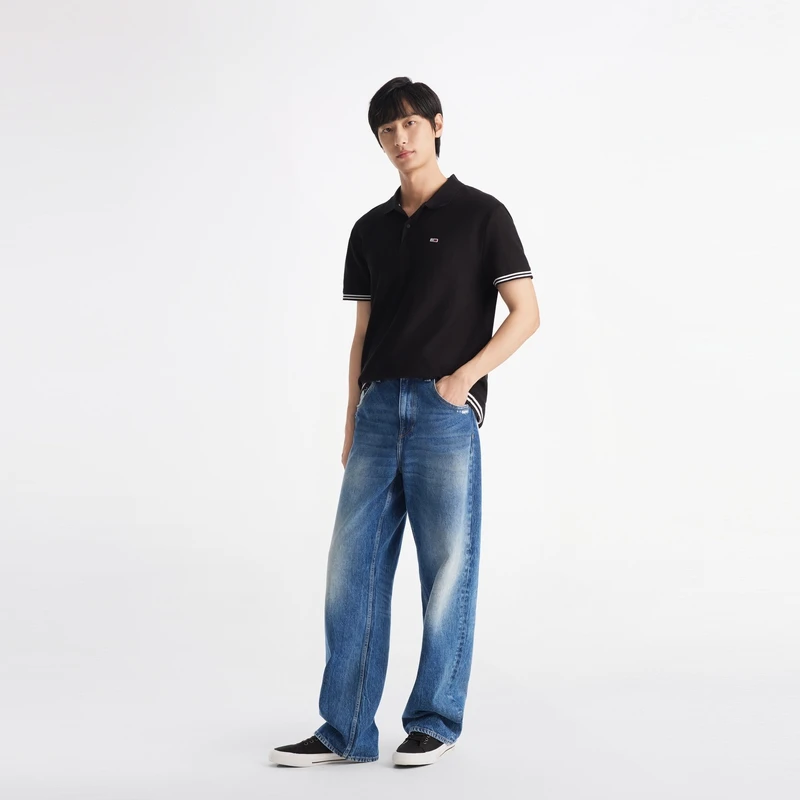 商品[国内直发] Tommy Hilfiger|高尔夫穿搭美式复古纯棉条纹袖口镶边小绣标舒适Polo衫 男款 黑色,价格¥389,第6张图片详细描述