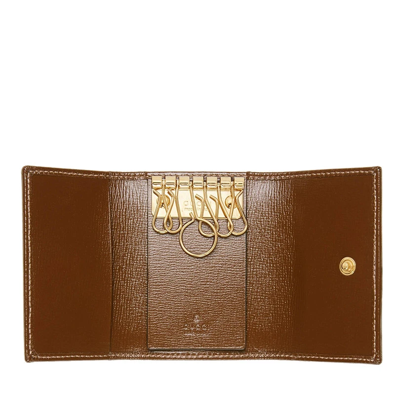 商品Gucci|GUCCI/古驰 2021秋冬Horsebit 1955系列 女士米色/乌木色GG Supreme帆布棕色皮革滚边金色调配件折叠钥匙包67178592TCG8563,价格¥2288,第4张图片详细描述