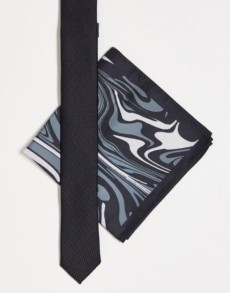 ASOS DESIGN skinny tie and pocket sqaure in black and grey swirl商品第1张图片规格展示