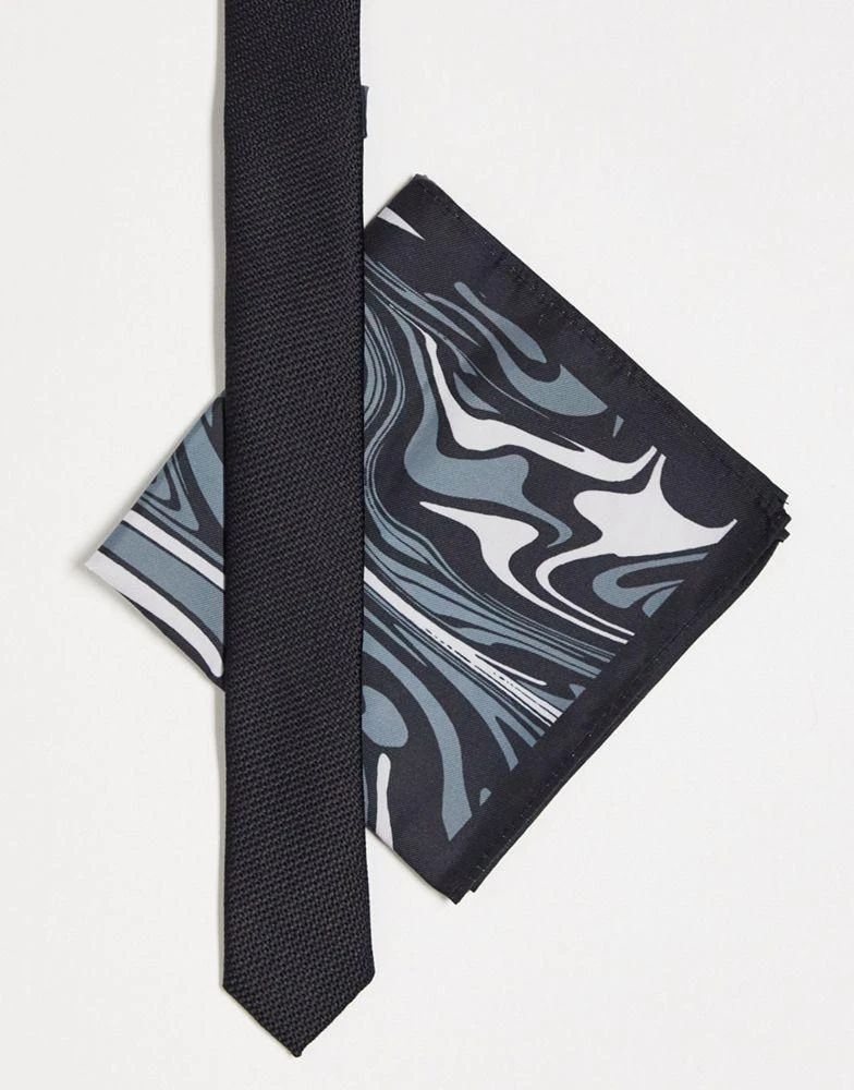 商品ASOS|ASOS DESIGN skinny tie and pocket sqaure in black and grey swirl,价格¥60,第1张图片