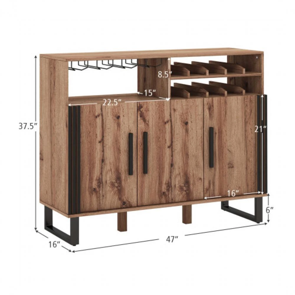 商品Hivvago|Home Wine Bar Cabinet with 3 Doors and Adjustable Shelves-Brown,价格¥1444,第5张图片详细描述