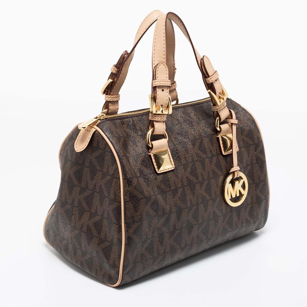 MICHAEL Michael Kors Brown/Beige Signature Coated Canvas and Leather Grayson Boston Bag商品第3张图片规格展示