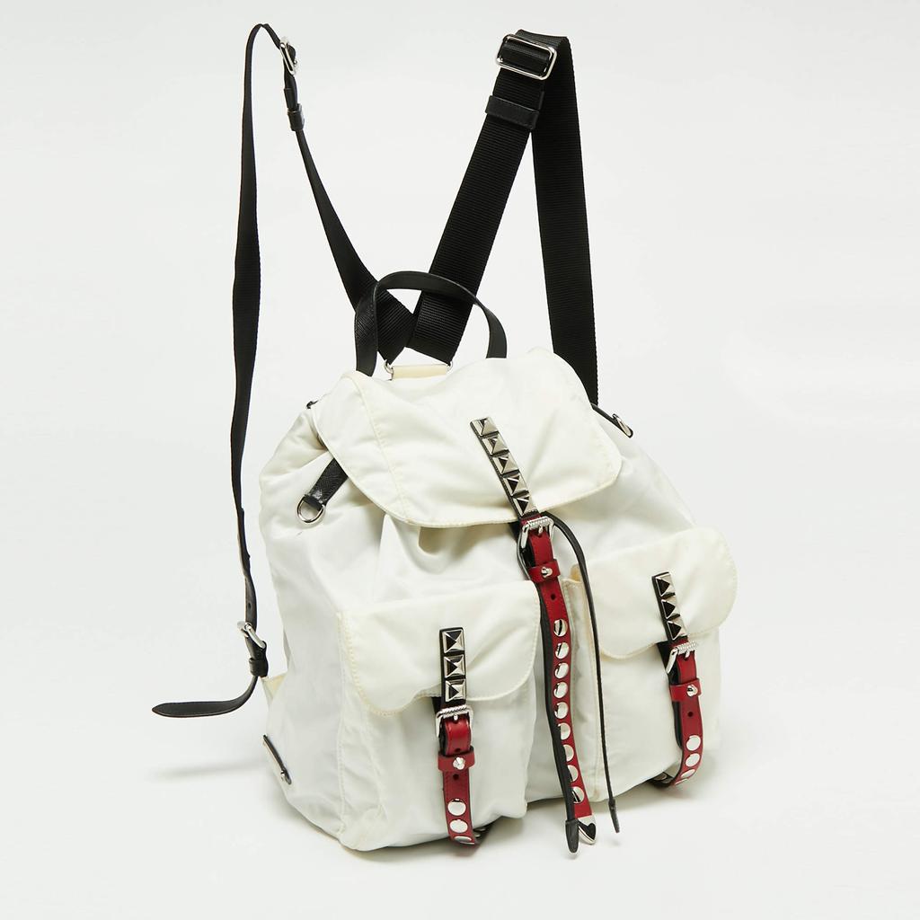 Prada White/Black Nylon and Leather New Vela Studded Backpack商品第3张图片规格展示
