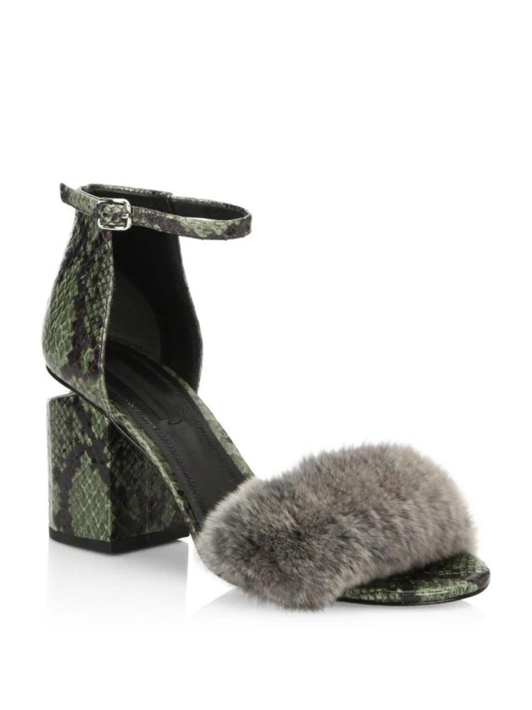 商品Alexander Wang|Abby Tilt-Heel Rabbit Fur & Snakeskin Sandals,价格¥2083,第1张图片