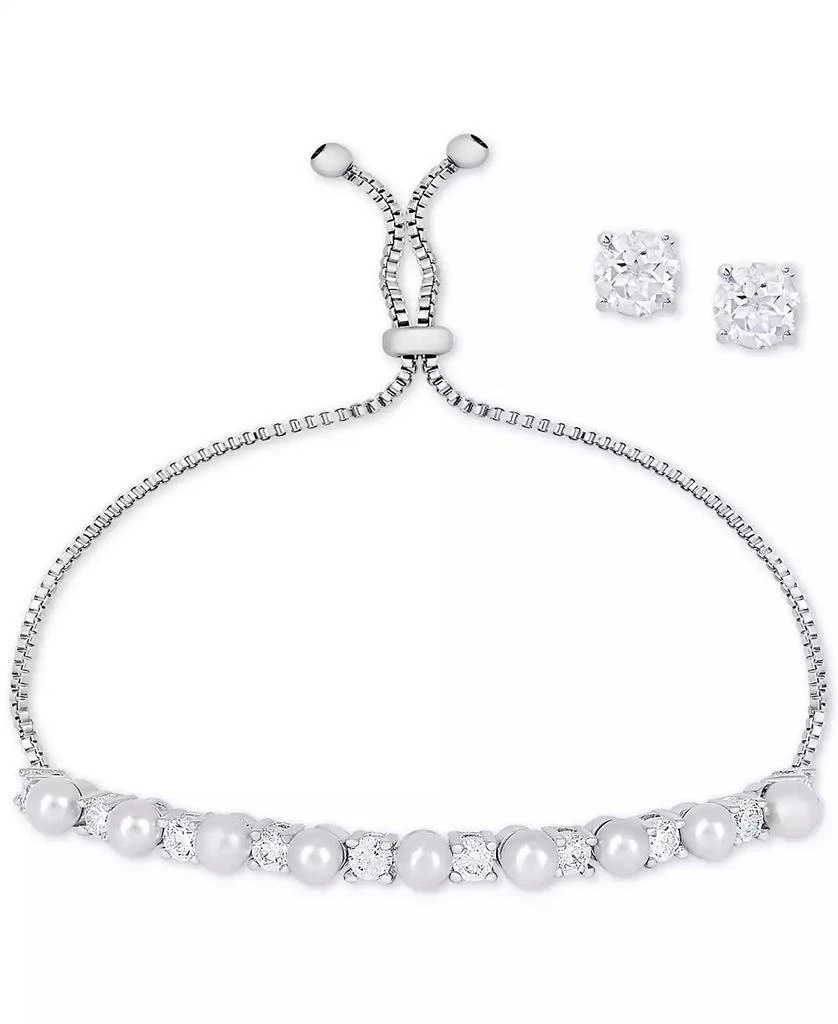 商品Macy's|Imitation Pearl Slider Bracelet & Cubic Zirconia Stud Earrings Set In Silver-Plate, June Birthstone,价格¥917,第1张图片