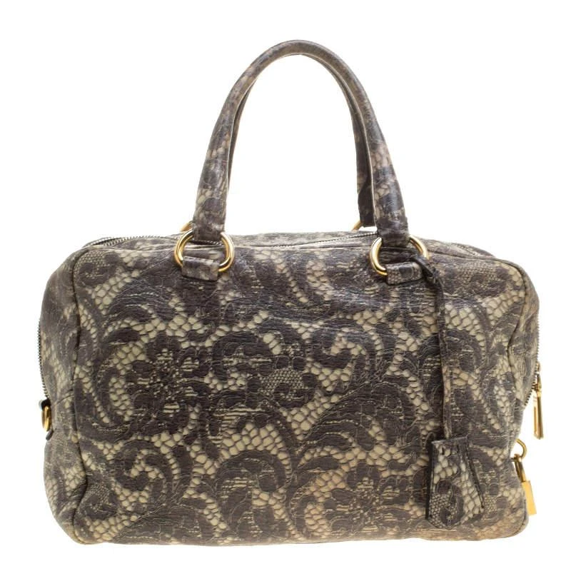 商品[二手商品] Prada|Prada Beige Talco Lace Print Cervo Leather Bowling Bag,价格¥4944,第4张图片详细描述