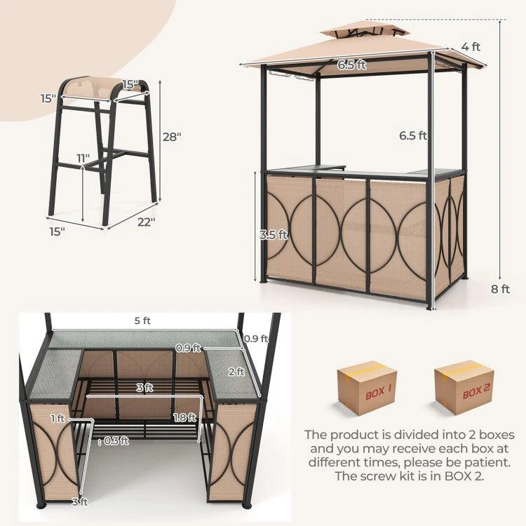 3-Piece Patio Bar Set Grill Gazebo & 2 Bar Stools with Tempered Glass Bar Table 商品