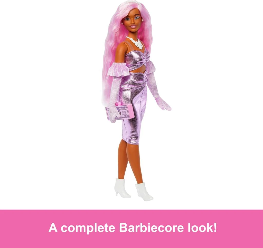 商品Barbie|Barbie Deluxe Style Doll #1 in Barbiecore Outfit, Pink Hair and Glossy Pink Dress with Accessories Like Velvet Gloves, Money Purse, and More,价格¥97,第5张图片详细描述